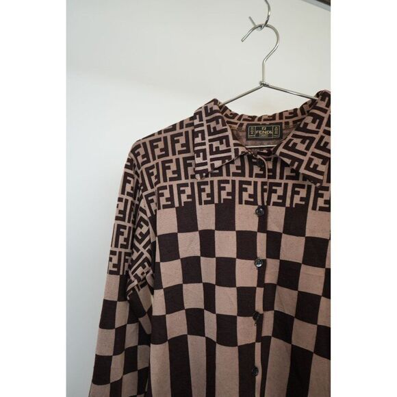 Vintage Fendi Zucca Monogram Checked Button Up Long Sleeve Shirt Women's - Picture 4 of 5